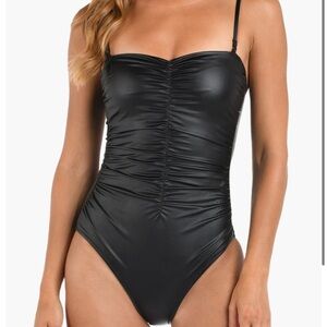NWT L'AGENCE Aubrey Ruched Faux Leather One-Piece Swimsuit
